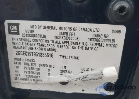 2005 Chevrolet Silverado 1500 Ls from USA, damaged, VIN 2GCEC19T951333616